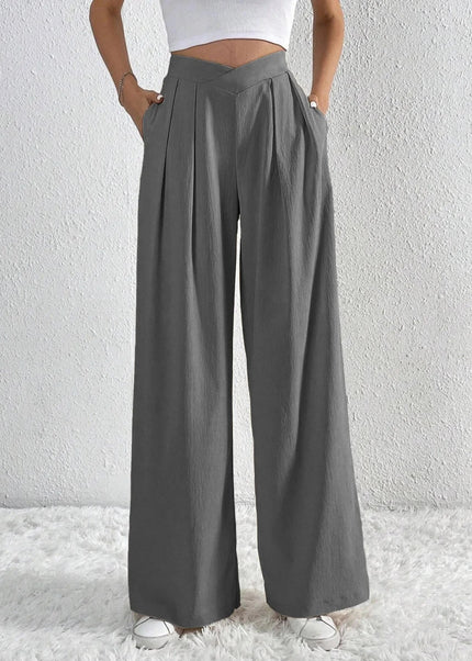 V - Waisted Ruched Front Wide Leg Pants - Trendsi