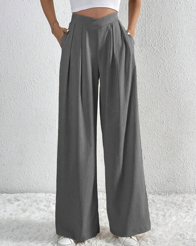 V - Waisted Ruched Front Wide Leg Pants - Trendsi