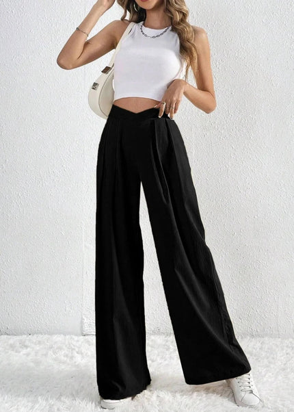 V - Waisted Ruched Front Wide Leg Pants - Trendsi