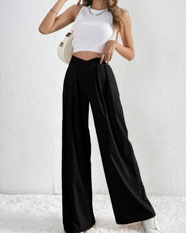 V - Waisted Ruched Front Wide Leg Pants - Trendsi