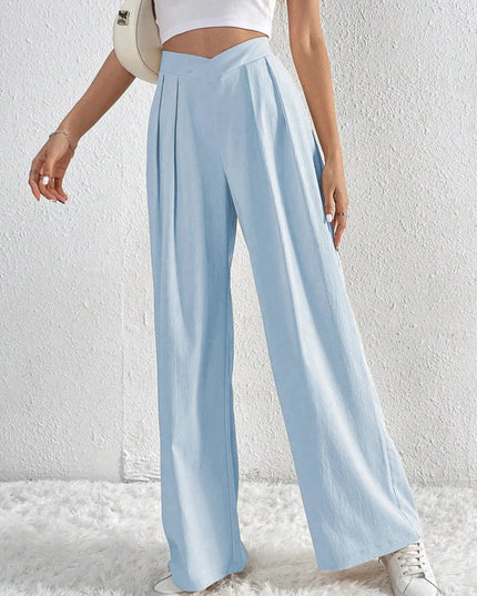 V - Waisted Ruched Front Wide Leg Pants - Trendsi
