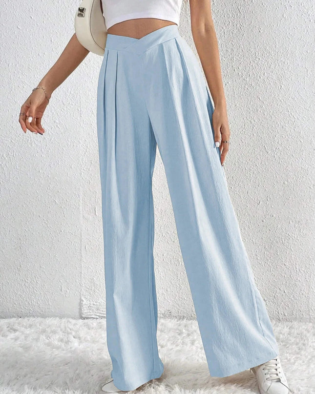 V - Waisted Ruched Front Wide Leg Pants - Trendsi