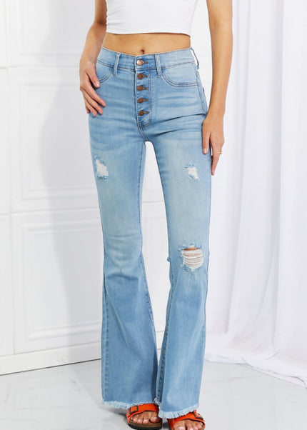 Vibrant MIU Full Size Jess Button Flare Jeans - Trendsi