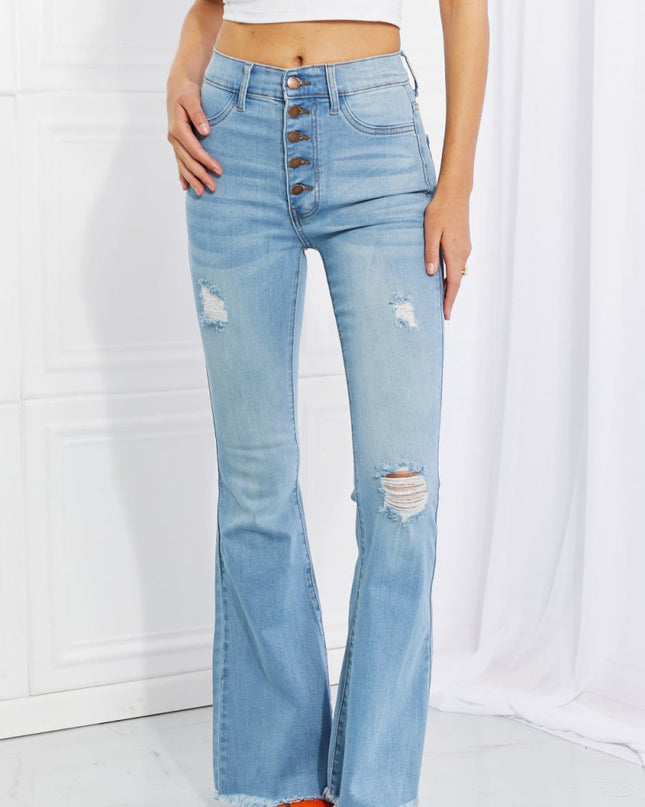 Vibrant MIU Full Size Jess Button Flare Jeans - Trendsi