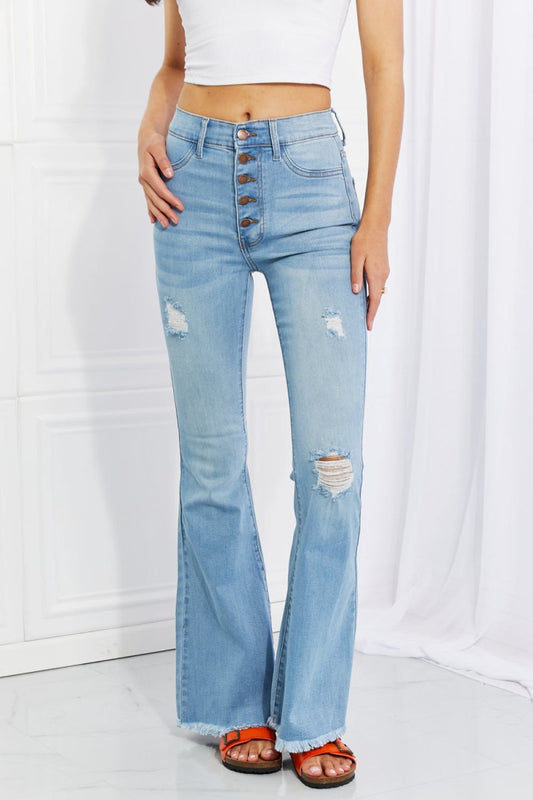 Vibrant MIU Full Size Jess Button Flare Jeans - Trendsi