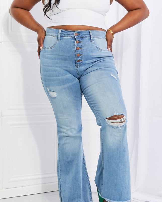Vibrant MIU Full Size Jess Button Flare Jeans - Trendsi
