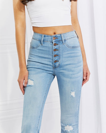 Vibrant MIU Full Size Jess Button Flare Jeans - Trendsi