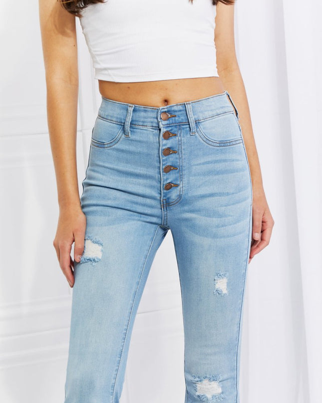 Vibrant MIU Full Size Jess Button Flare Jeans - Trendsi