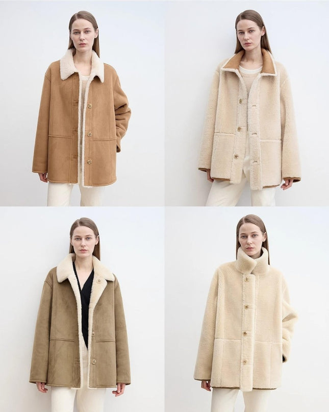 Vintage Manor Reversible Wool & Shearling Jacket – Contrast Lapel Outerwear - Shearling Coat - Firelady Fur Craft
