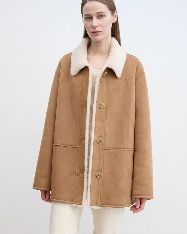 Vintage Manor Reversible Wool & Shearling Jacket – Contrast Lapel Outerwear - Shearling Coat - Firelady Fur Craft