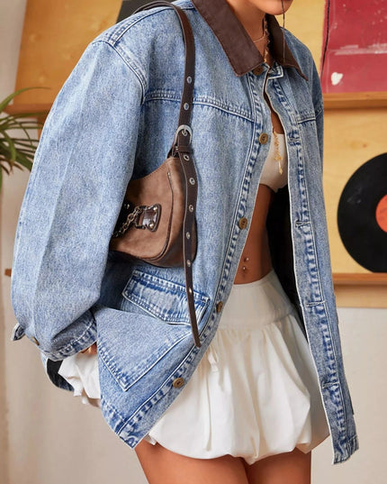 Vintage Wash Denim Jacket with Contrast Collar - Trendsi
