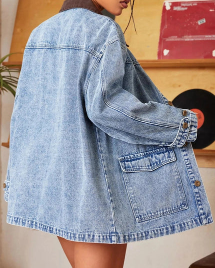 Vintage Wash Denim Jacket with Contrast Collar - Trendsi