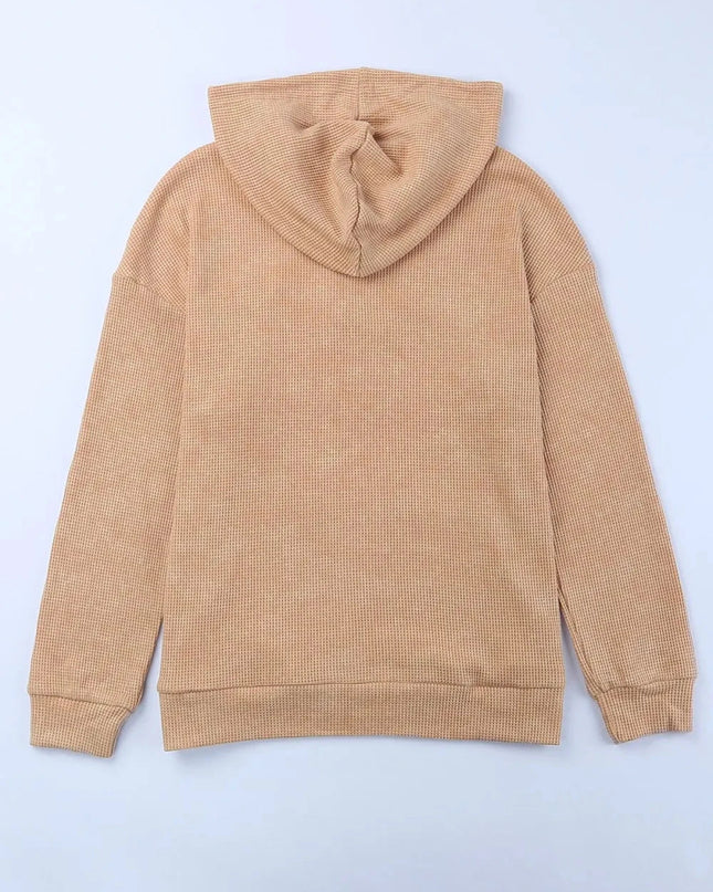 Waffle - Knit Drawstring Kangaroo Pocket Hoodie - Trendsi