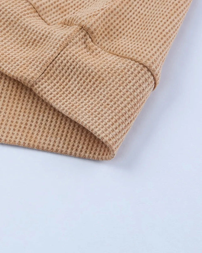 Waffle - Knit Drawstring Kangaroo Pocket Hoodie - Trendsi
