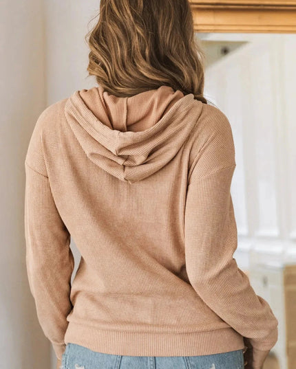 Waffle - Knit Drawstring Kangaroo Pocket Hoodie - Trendsi