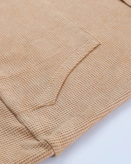 Waffle - Knit Drawstring Kangaroo Pocket Hoodie - Trendsi