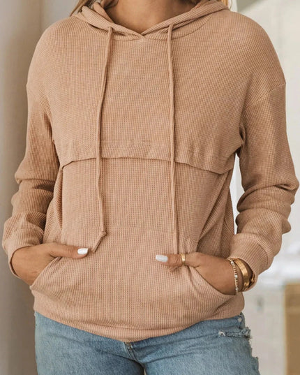 Waffle - Knit Drawstring Kangaroo Pocket Hoodie - Trendsi