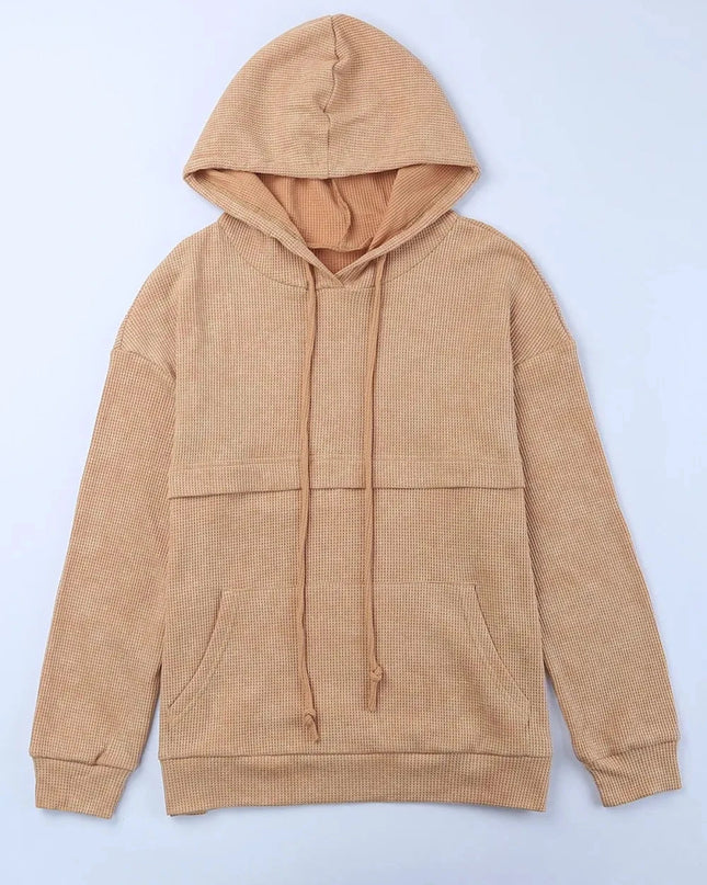 Waffle - Knit Drawstring Kangaroo Pocket Hoodie - Trendsi