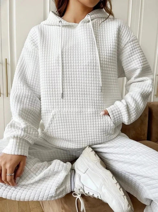 Waffle Knit Hoodie with Drawstring Details - Trendsi