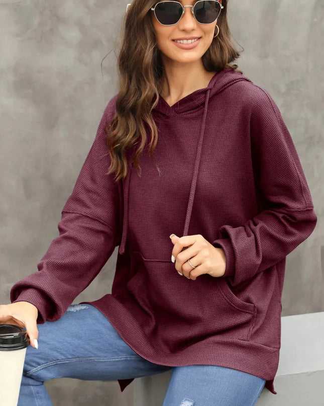Waffle - Knit Long Sleeve Hoodie - Trendsi