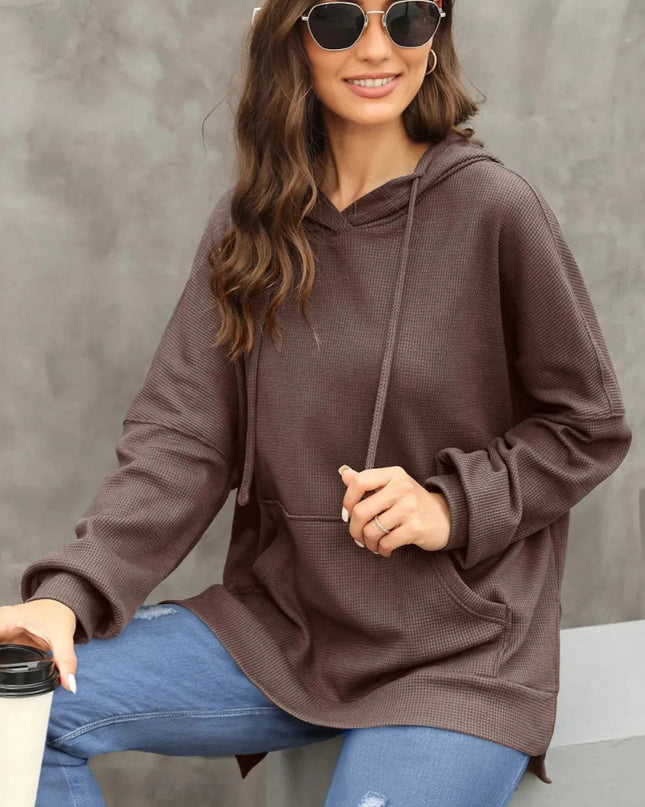 Waffle - Knit Long Sleeve Hoodie - Trendsi