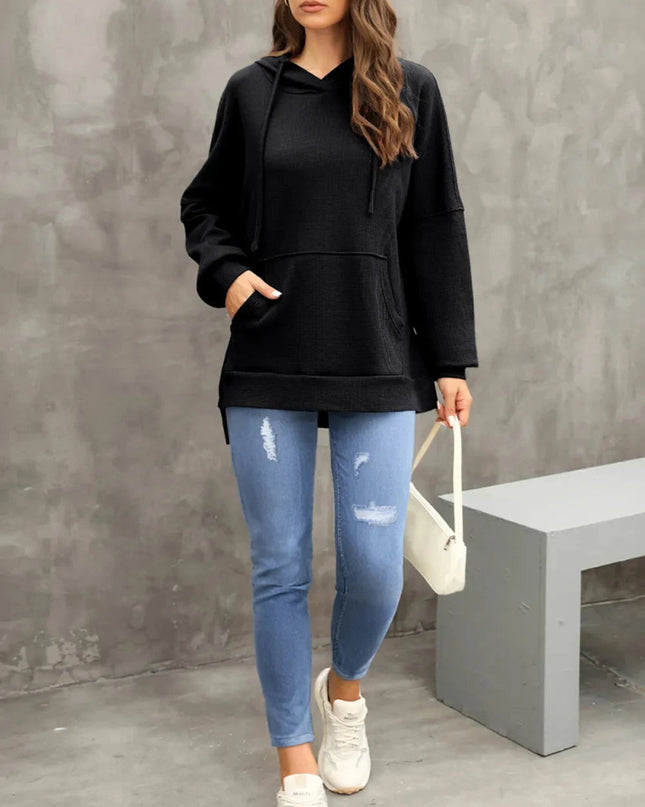 Waffle - Knit Long Sleeve Hoodie - Trendsi