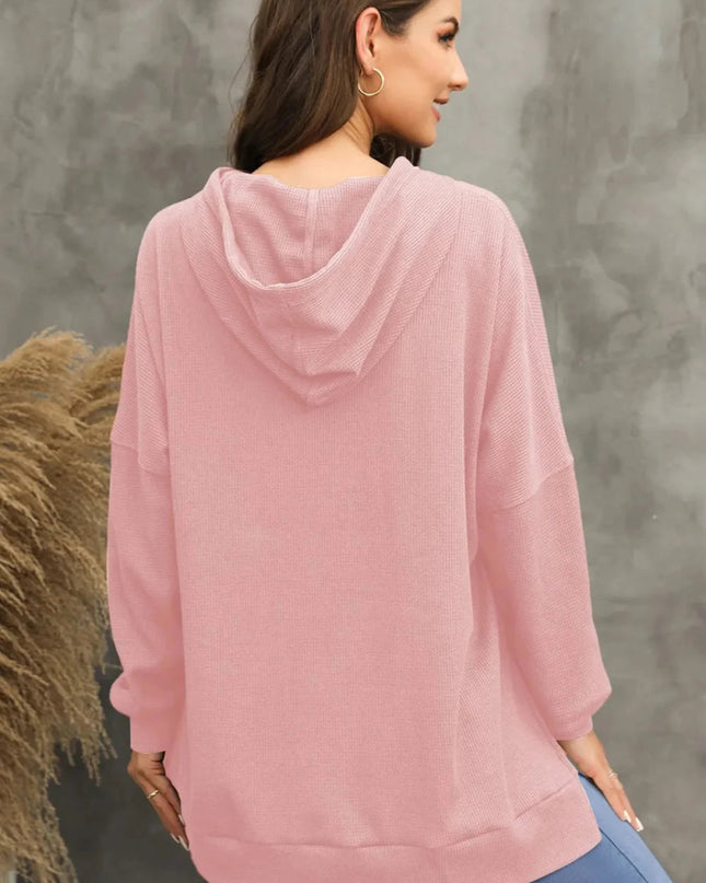 Waffle - Knit Long Sleeve Hoodie - Trendsi