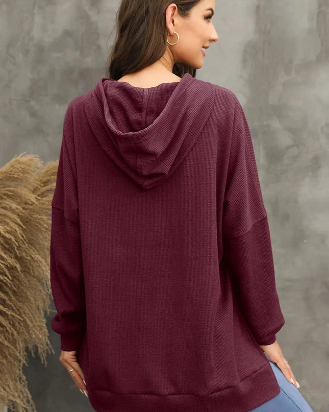 Waffle - Knit Long Sleeve Hoodie - Trendsi