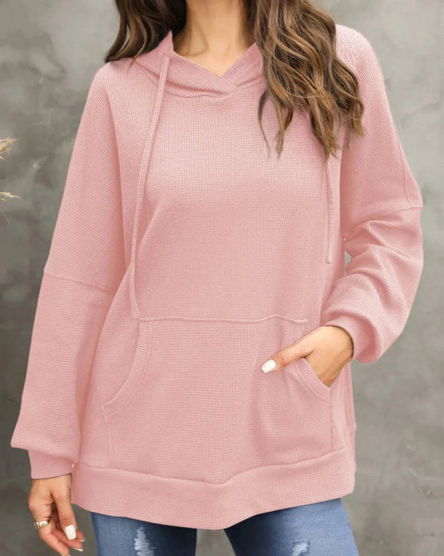 Waffle - Knit Long Sleeve Hoodie - Trendsi