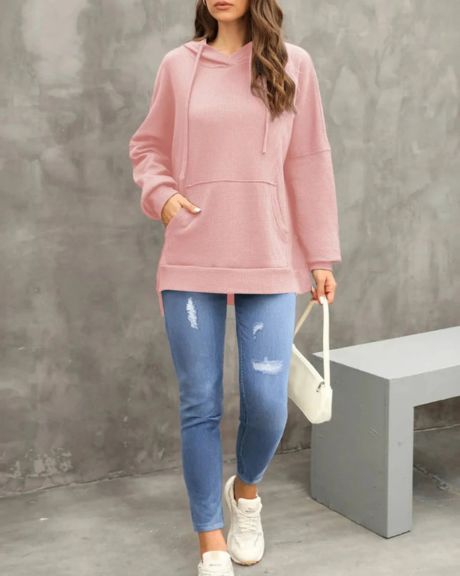 Waffle - Knit Long Sleeve Hoodie - Trendsi