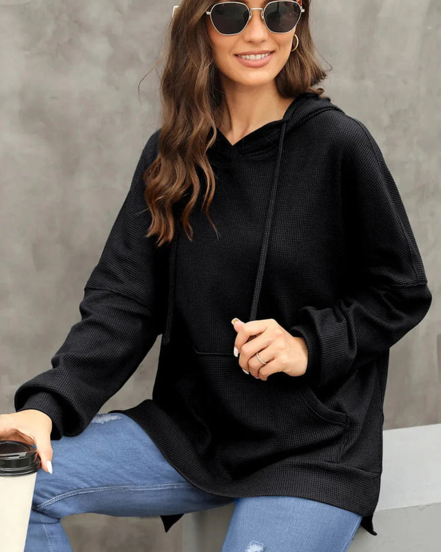 Waffle - Knit Long Sleeve Hoodie - Trendsi