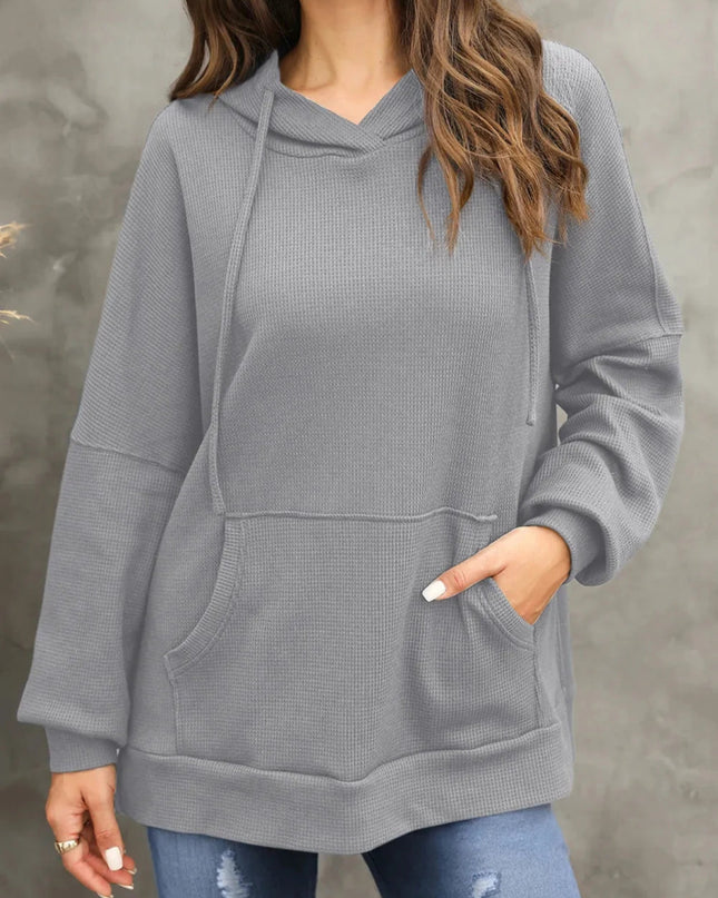 Waffle - Knit Long Sleeve Hoodie - Trendsi