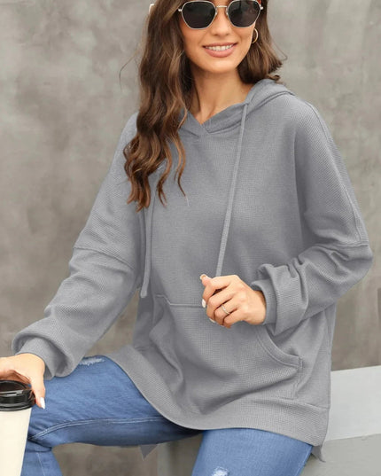 Waffle - Knit Long Sleeve Hoodie - Trendsi