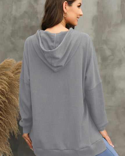 Waffle - Knit Long Sleeve Hoodie - Trendsi