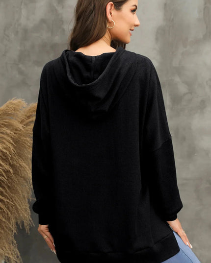 Waffle - Knit Long Sleeve Hoodie - Trendsi