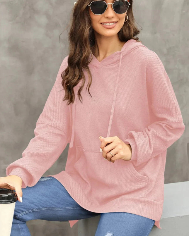 Waffle - Knit Long Sleeve Hoodie - Trendsi