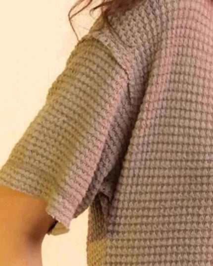 Waffle - Knit Notched Half Sleeve T-Shirt - Trendsi