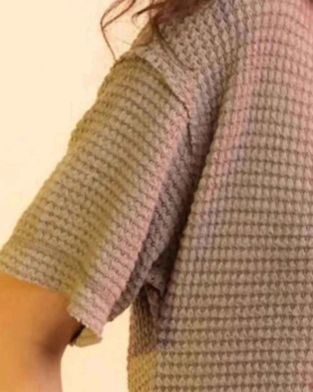 Waffle - Knit Notched Half Sleeve T-Shirt - Trendsi