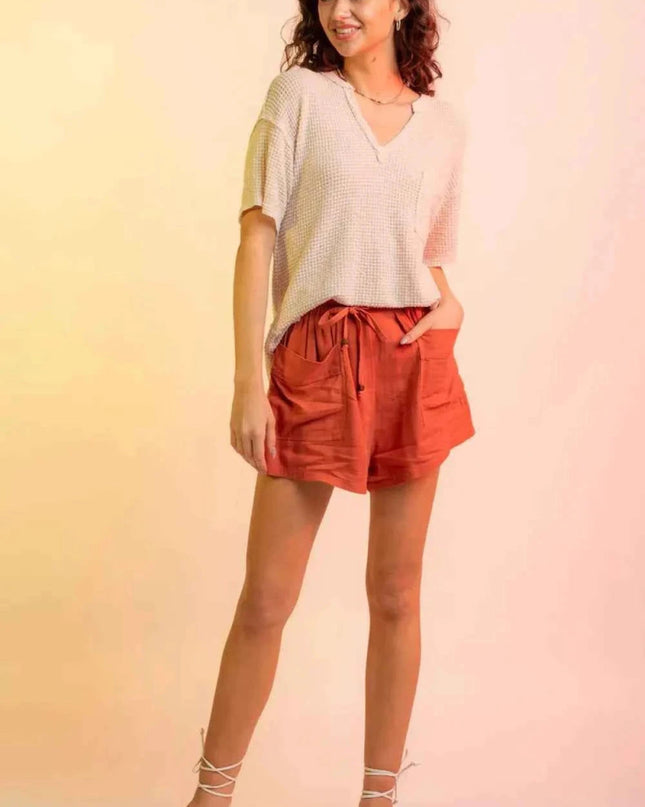 Waffle - Knit Notched Half Sleeve T-Shirt - Trendsi