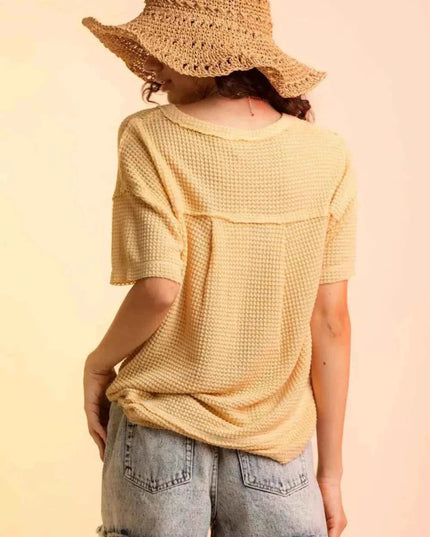 Waffle - Knit Notched Half Sleeve T-Shirt - Trendsi