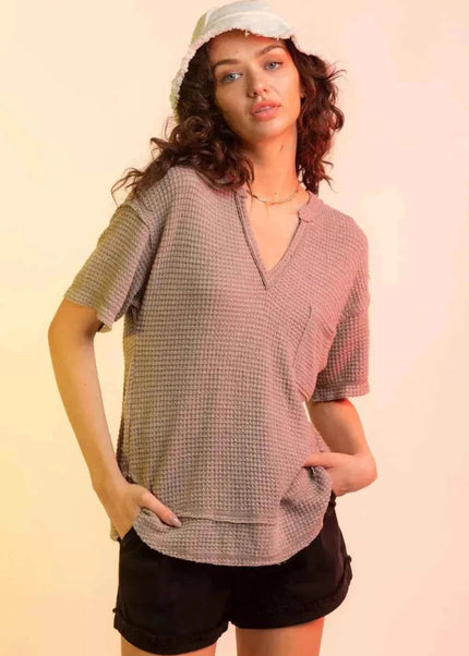 Waffle - Knit Notched Half Sleeve T-Shirt - Trendsi