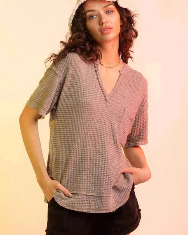 Waffle - Knit Notched Half Sleeve T-Shirt - Trendsi