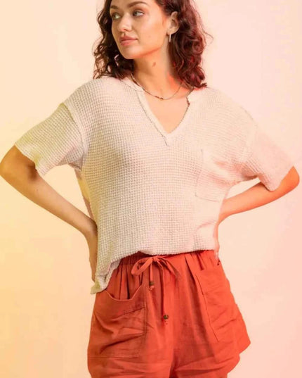 Waffle - Knit Notched Half Sleeve T-Shirt - Trendsi