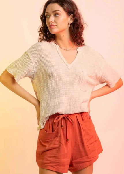 Waffle - Knit Notched Half Sleeve T-Shirt - Trendsi