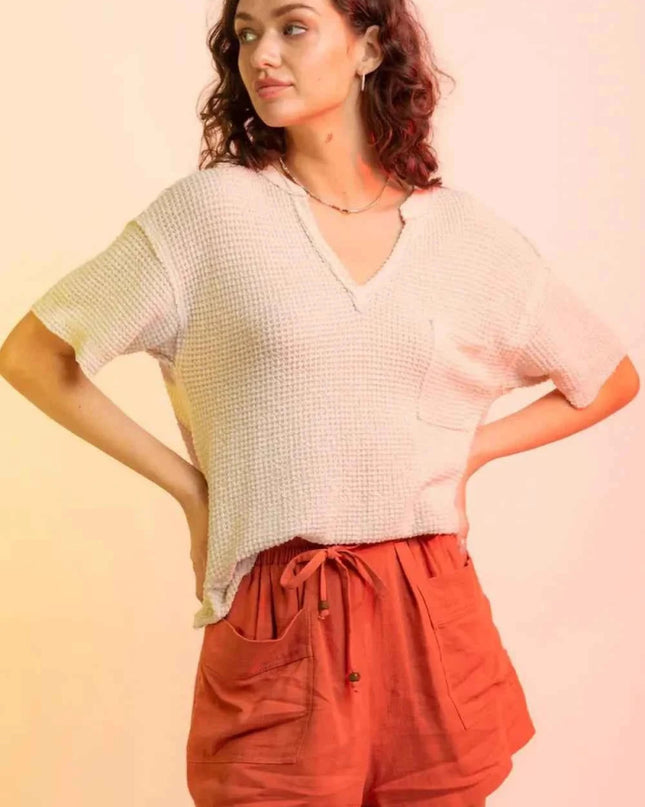 Waffle - Knit Notched Half Sleeve T-Shirt - Trendsi