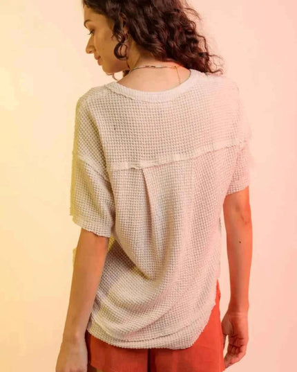 Waffle - Knit Notched Half Sleeve T-Shirt - Trendsi