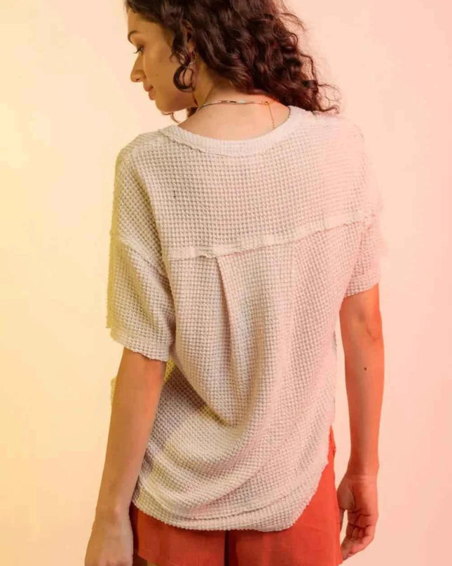 Waffle - Knit Notched Half Sleeve T-Shirt - Trendsi