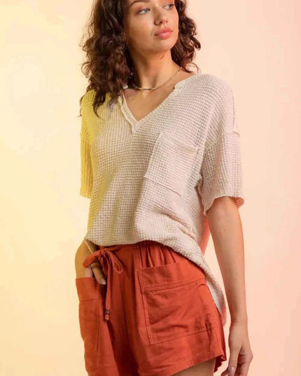 Waffle - Knit Notched Half Sleeve T-Shirt - Trendsi