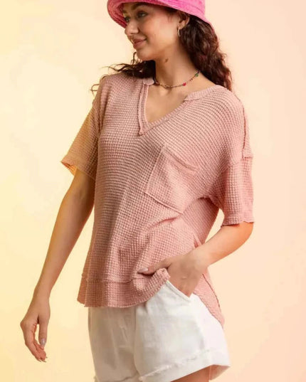 Waffle - Knit Notched Half Sleeve T-Shirt - Trendsi