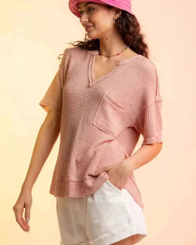 Waffle - Knit Notched Half Sleeve T-Shirt - Trendsi